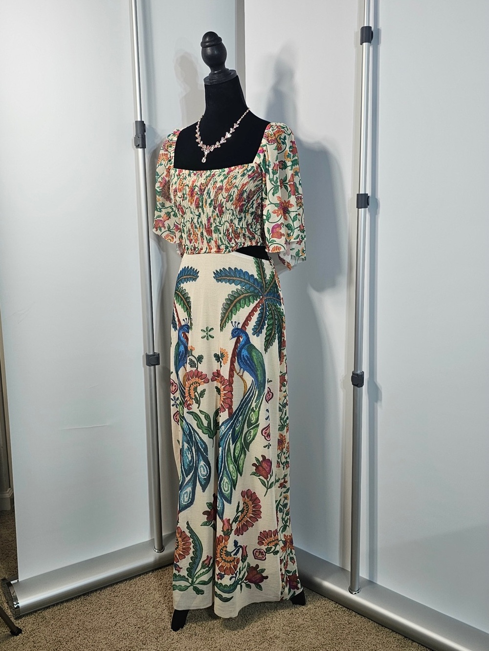 #201 Bluesteel Boho Peacock Floral Cutout Maxi Dress – Smocked Top Bell Sleeves
